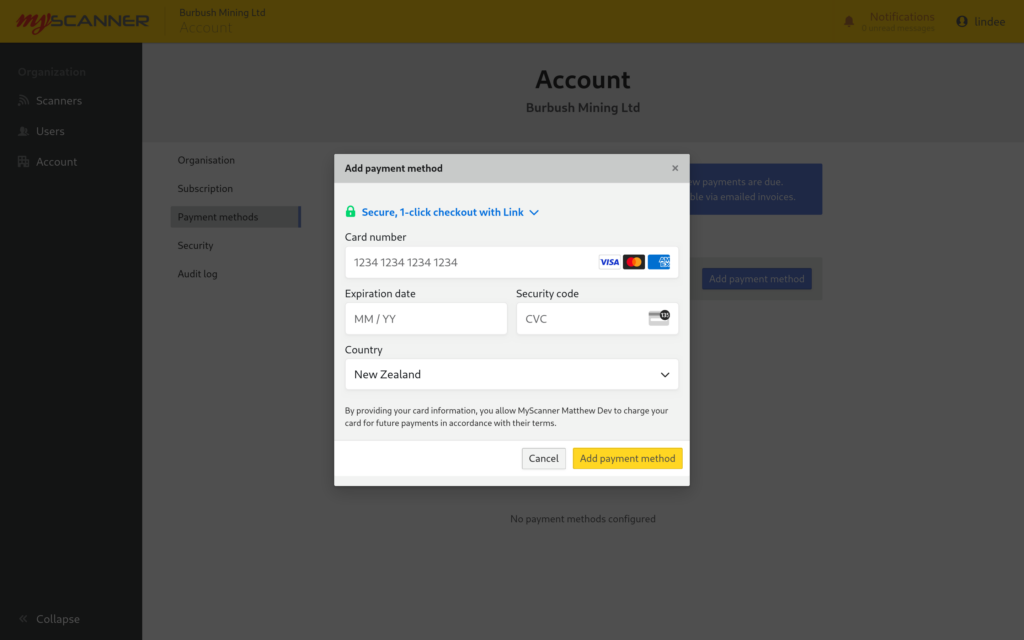 An open dialog with Stripe's add payment method form