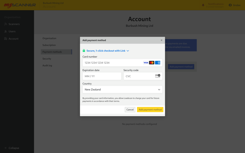 MyScanner's add payment method screen with no payment methods saved