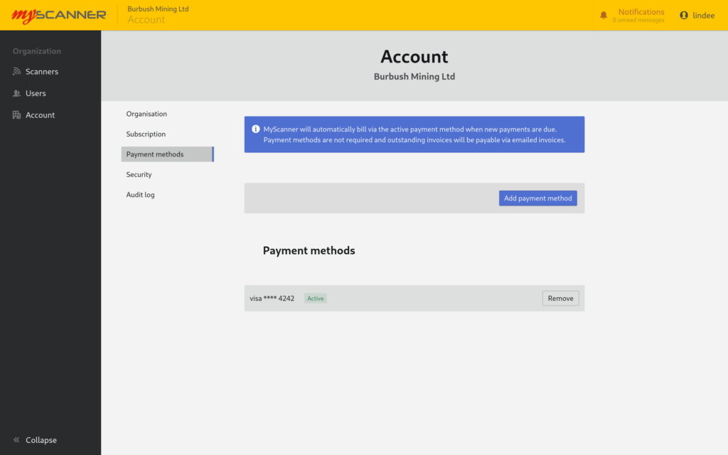 Payment method page with one active payment method configured